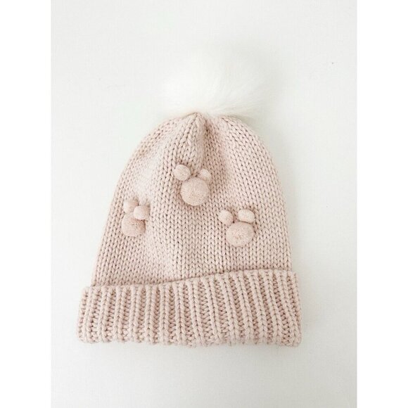 Disney Mickey Mouse Knitted Pom Beanie Hat Adults Pink White Worn 1X - Picture 3 of 4